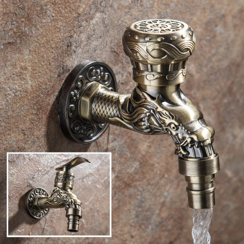 

LongJue Carved Wall Mount Zinc Alloy Antique Bibcock Garden Wash Basin Faucet Decorative Outdoor Garden Mop Taps Torneira parede