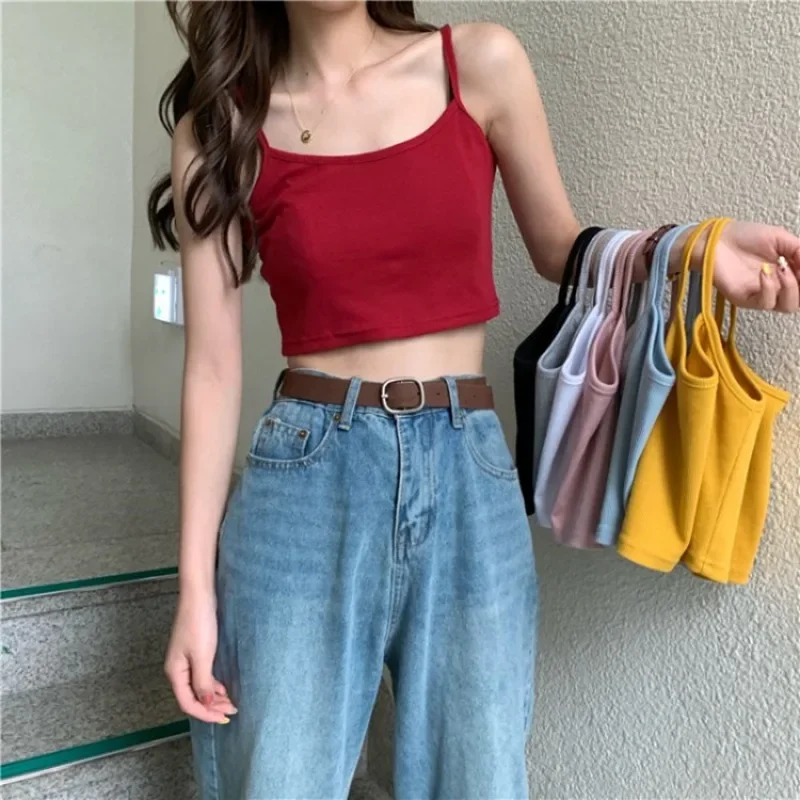 

Women Summer Crop Tops Spaghetti Straps Sleeveless Camis Y2k Spicy Girl Sexy Backless Tanks Fashion Korean Harajuku Streetwear