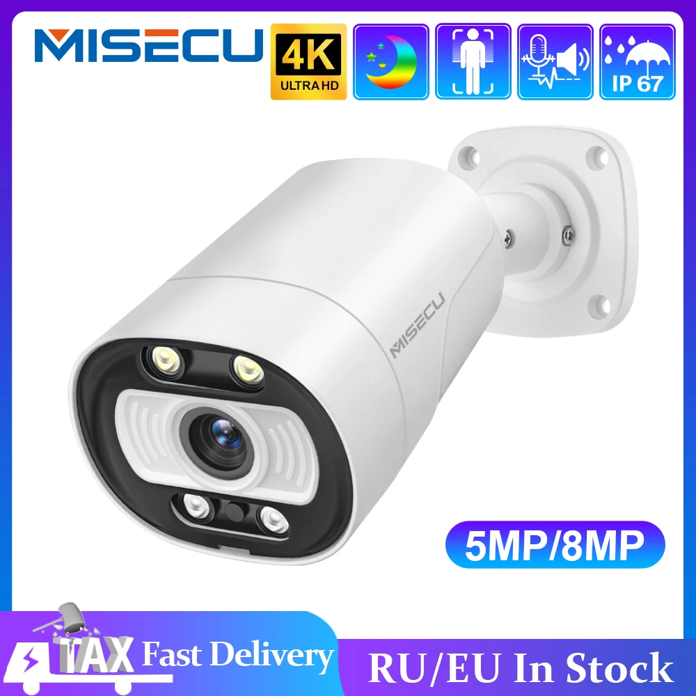 MISECU H.265 Real 4K Ai Smart POE Camera 5MP 8MP Two-way Audio Human Detection Outdoor Camera For CCTV System Video Surveillance