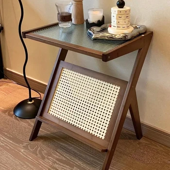 Nightstand Side Table with Rattan Book Magazine Shelf Home Bedroom Living Room Small Space Bamboo Glass Bedside Coffee Table 1