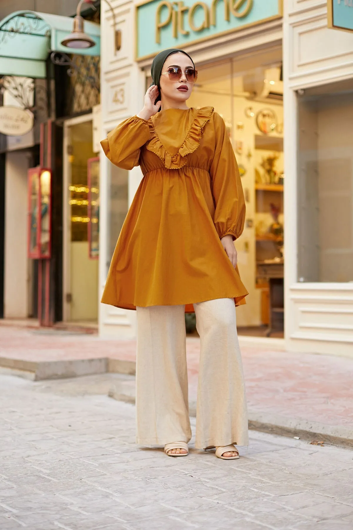 

MDI Front Ruffle Detailed with Lace Tunic-Mustard