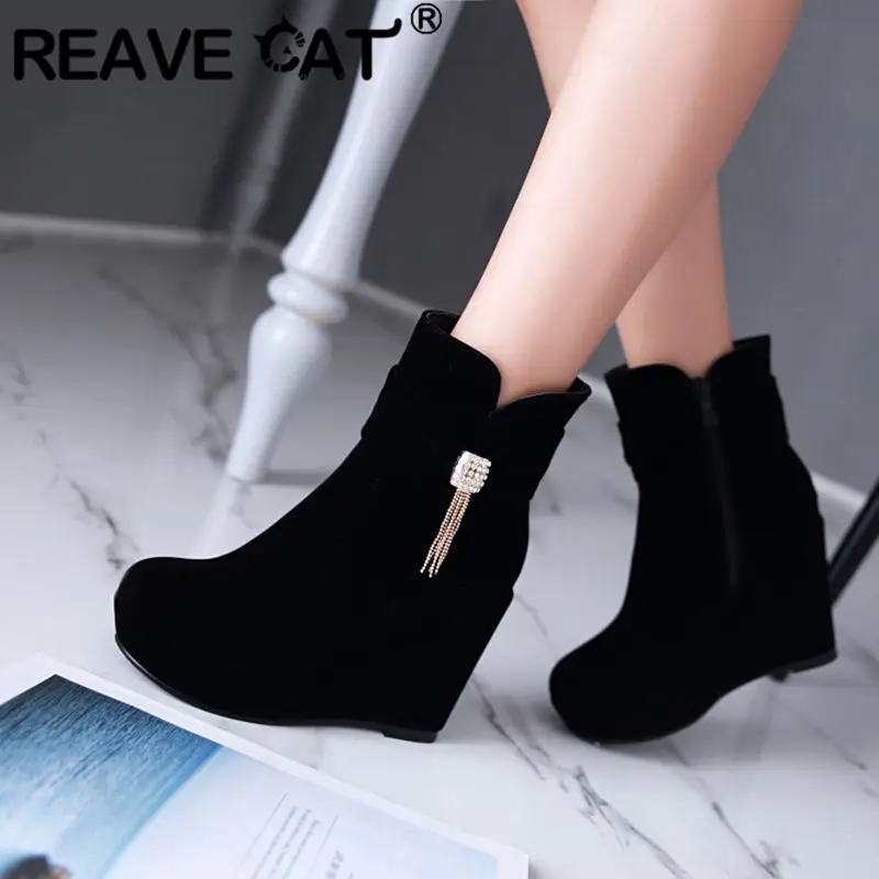 

REAVE CAT Sexy Red Women Ankle Boots Round Toe Wedges High Heel 11cm Flock Suede Big Size 42 43 Pendant Female Wedding Booties