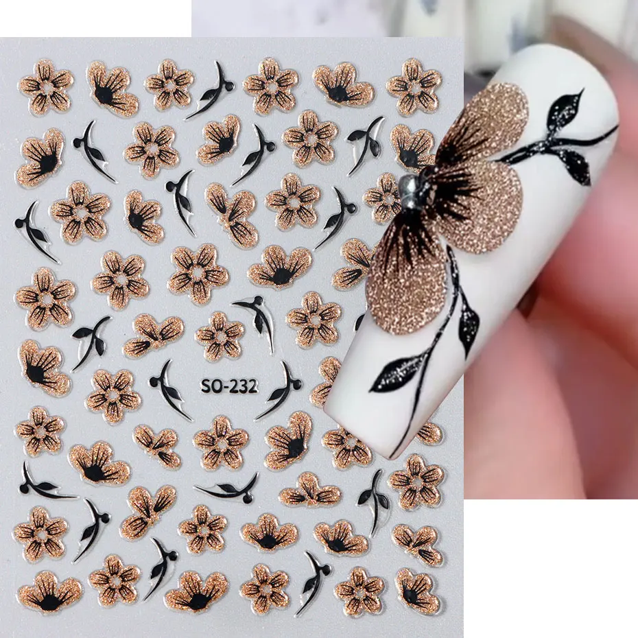 2pc 3D Black Gold Glitter Flower Nail Decal Shiny Petals Leaves Nail Art Sticker Watercolor Daisy Floral Adhesive Manicure Decor 2
