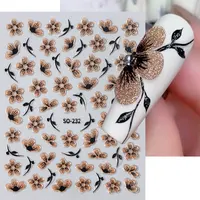 2pc 3D Black Gold Glitter Flower Nail Decal Shiny Petals Leaves Nail Art Sticker Watercolor Daisy Floral Adhesive Manicure Decor 2