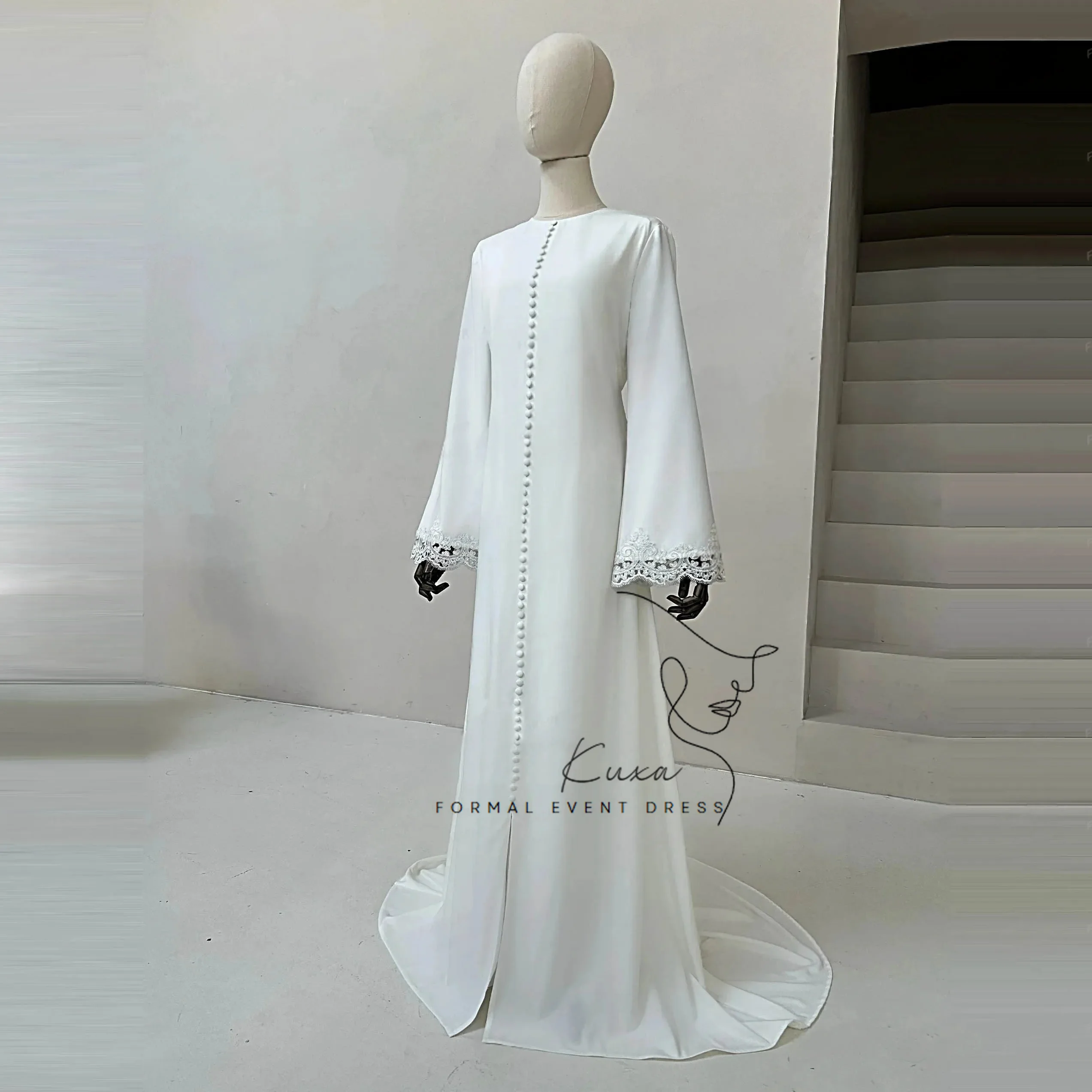KUXA Elegant Muslim Wedding Dresses A-Line Formal Lace Long Sleeves Floor-Length Bridal Gowns Button Sweep Train Customized