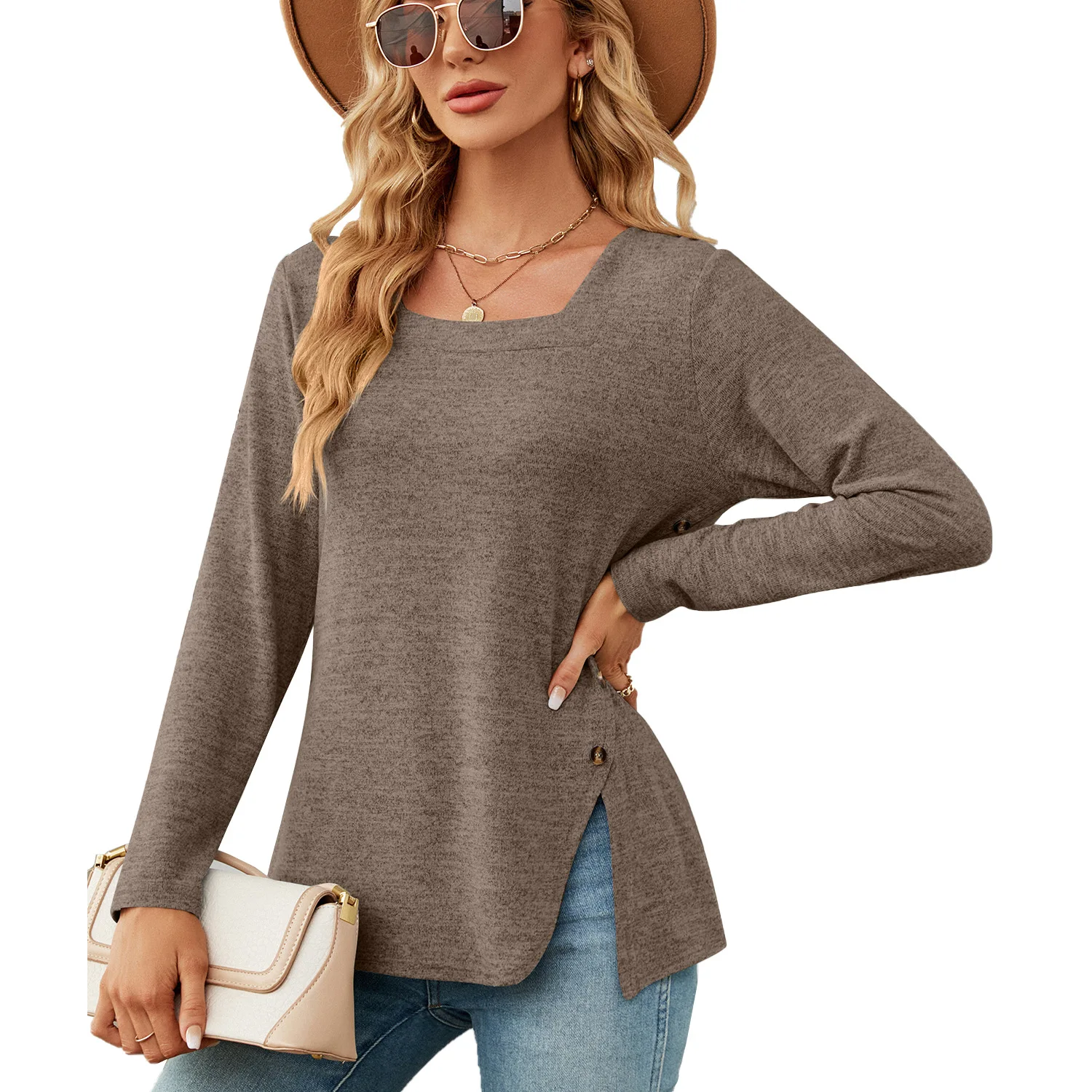 

2023 Autumn Winter New Fashion Elegant Square Neck Button Split Casual Loose Comfortable Versatile Long Sleeve T-shirt