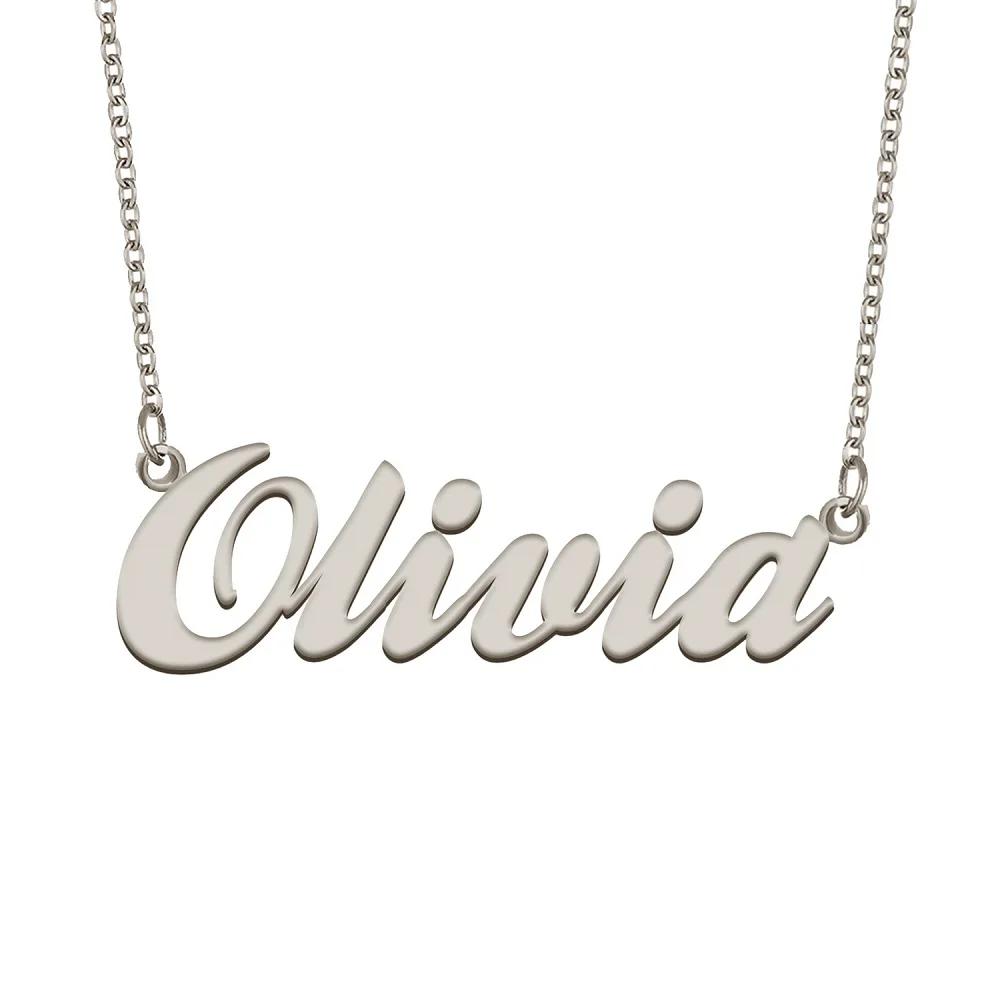 Olivia-collar con nombre para mujer, joyería de acero inoxidable, chapado en oro, colgante de placa de identificación, regalo para madre y novia