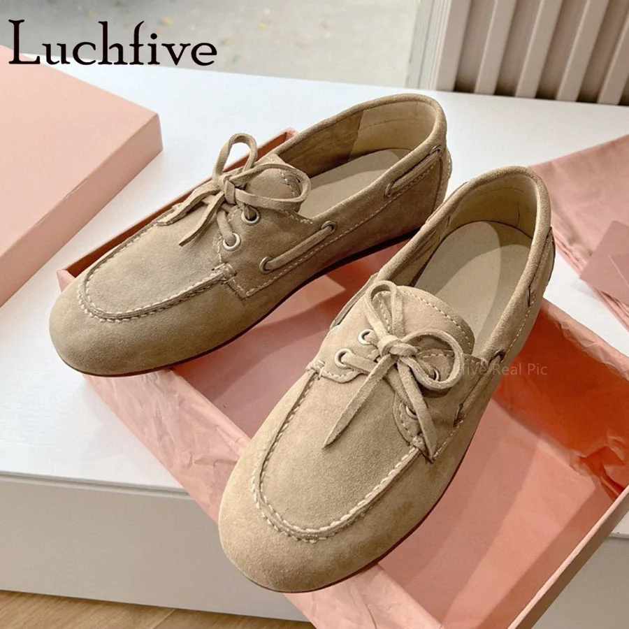 

2024 Spring New Suede Loafers Women's Shoes Lace Up Round Toe Eyelet Flats Shoes Brand Casual Walking Shoes Daily Shoes Mujer