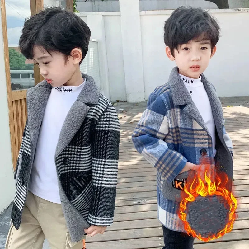 

Autumn Wool Coat for Boy Children's Jacket Fashion Plaid Blazer Collar Kids Outerwear Outfits Handsome Trench Plus Warm 2024 New