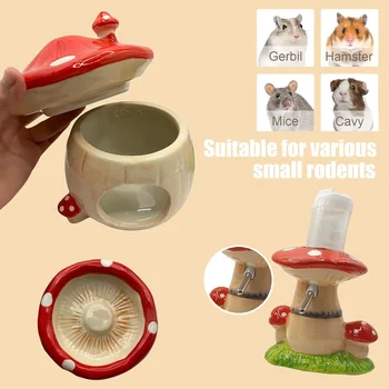 Mushroom Ceramic Hideout with Food Bowl/ Water Bottle 12