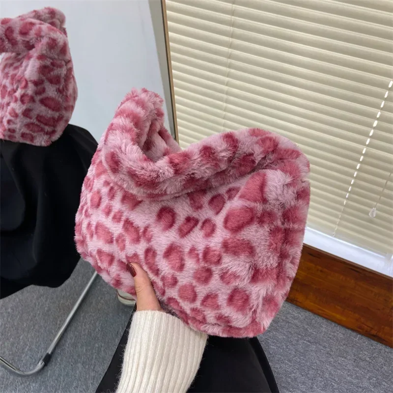 Y2k Korean Plush Retro Print For Women Underarm Leopard Zebra Pattern Fluffy Tote Bags Small Purses Handbags_voghion.com