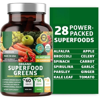 Organic Superfood Greens Natural Superfood Green Capsules, Fruit and Vegetable Supplements, Contains Alfalfa and Ginger