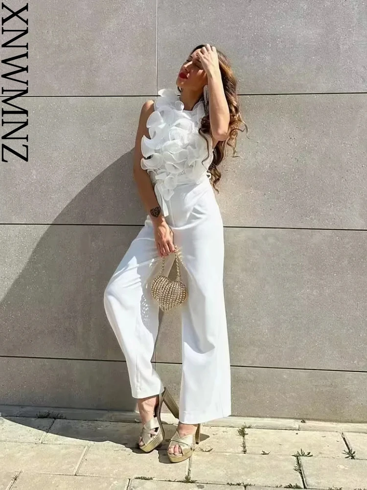 XNWMNZ 2023 Women Fashion Ruffle Jumpsuit Woman High Street O Neck Sleeveless Belt Elegant Female Chic Jumpsuit tassel tie dye women bodycon jumpsuit sleeveless o neck skinny stretchy one pieces 2023 summer trend y2k chic street outerwear