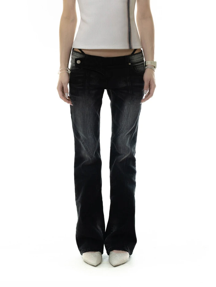 Retro Hot Girl Low Waist Black and Gray Straight Tube Baggy Jeans Casual Washed Vintage Denim Capris Trousers Female