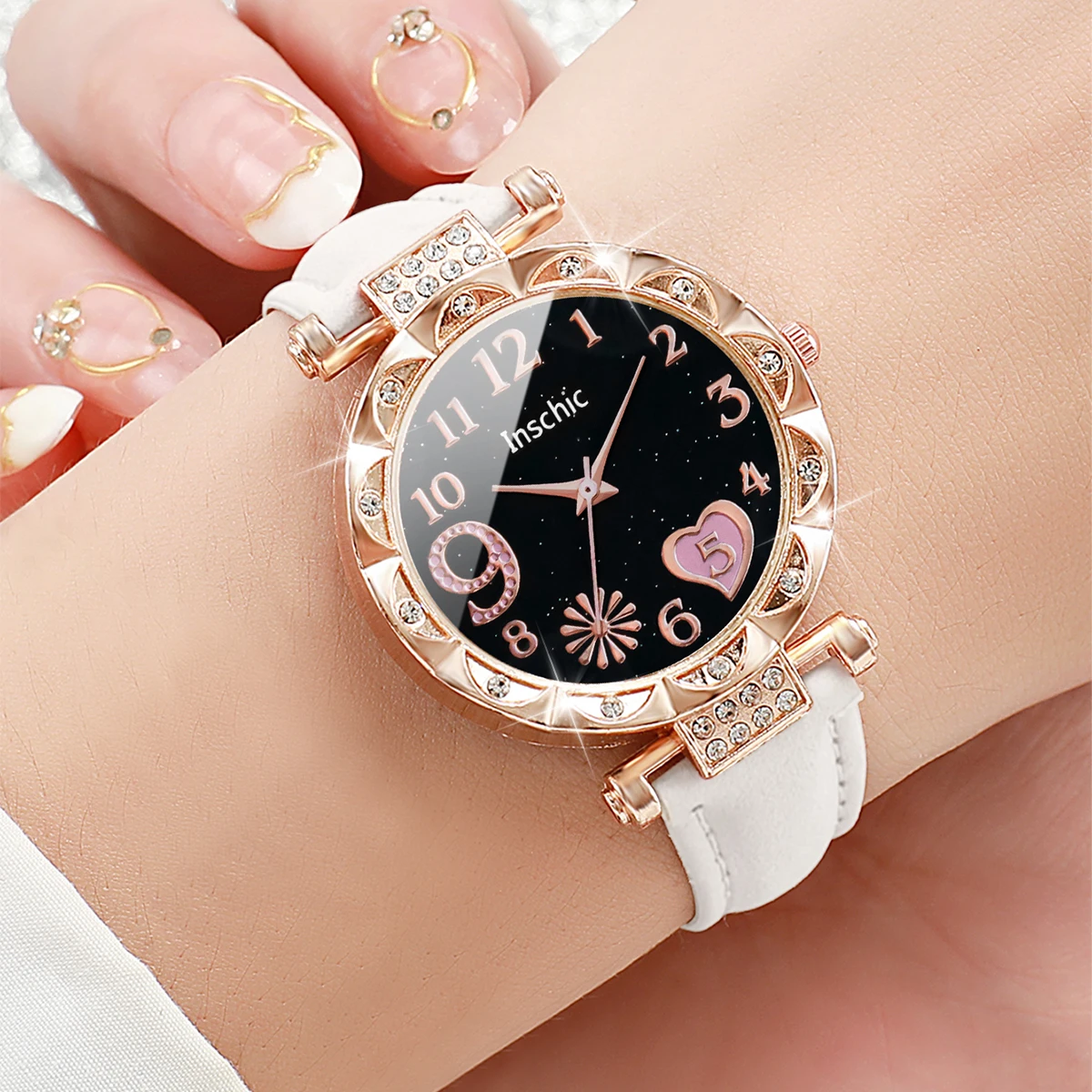 3pcs/set Women Ladies Fashion Leather Strap Heart-shaped Dial Quartz Watch Black White Pink Set 2