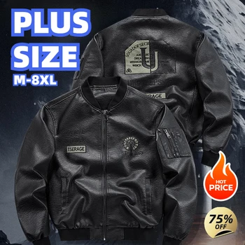 Plus Size Men's Leather Jacket Lapel Embroidery Trend Biker Motorcycle Jacket Men's Fashion Casual Windproof PU Bomber Coat 8xl 1
