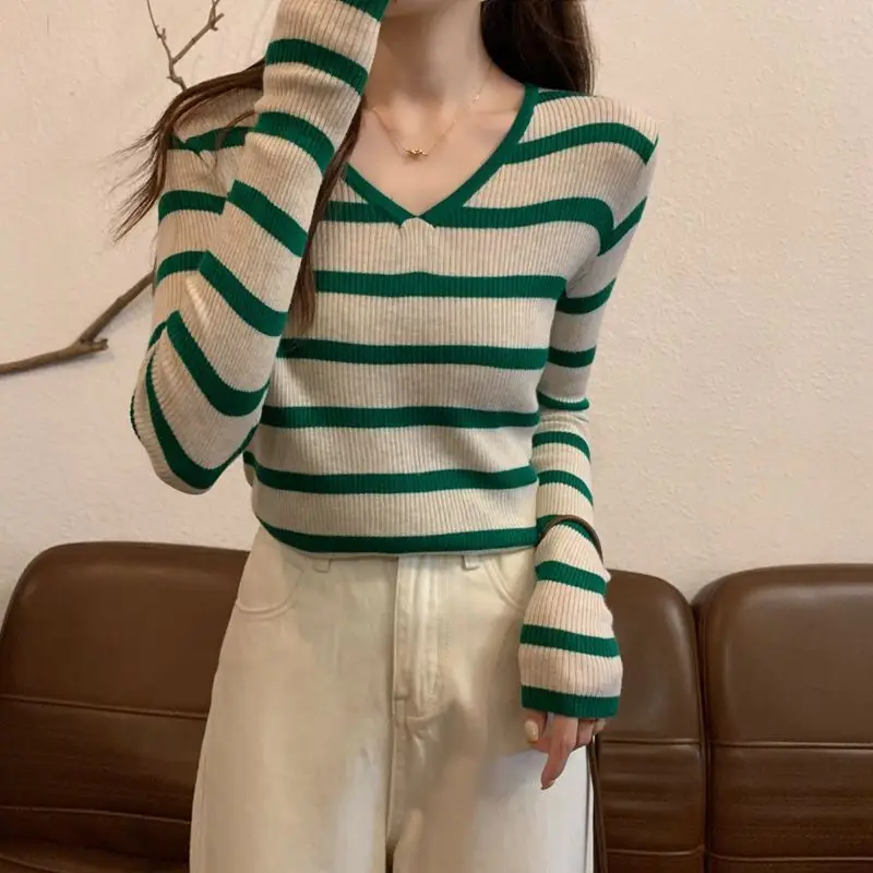 Women Trendy Casual Striped Chic Y2K All Match Basic Knitwear Autumn Korean Female Simple V Neck Long Sleeve Slim Pullover Tops