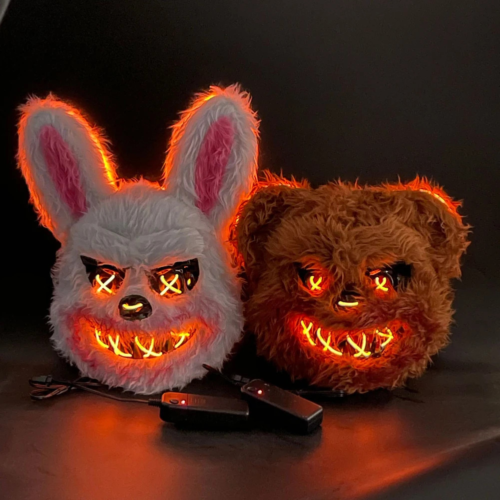 Bloody Plush Animal Head Mask Halloween LED Bloody Plush Bunny Mask with LED Lights Scream Mask Cosplay Costume Party Decoration
