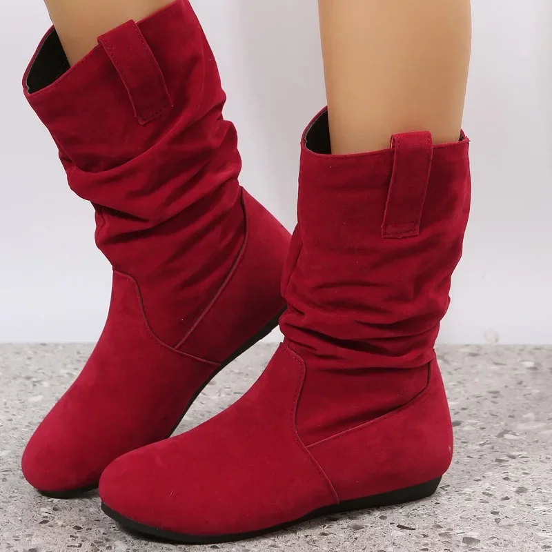 

2023 Autumn and Winter New 42 Large Flat Bottom Women's Mid Tube Boots with Suede Panel Round Head Women's Boots