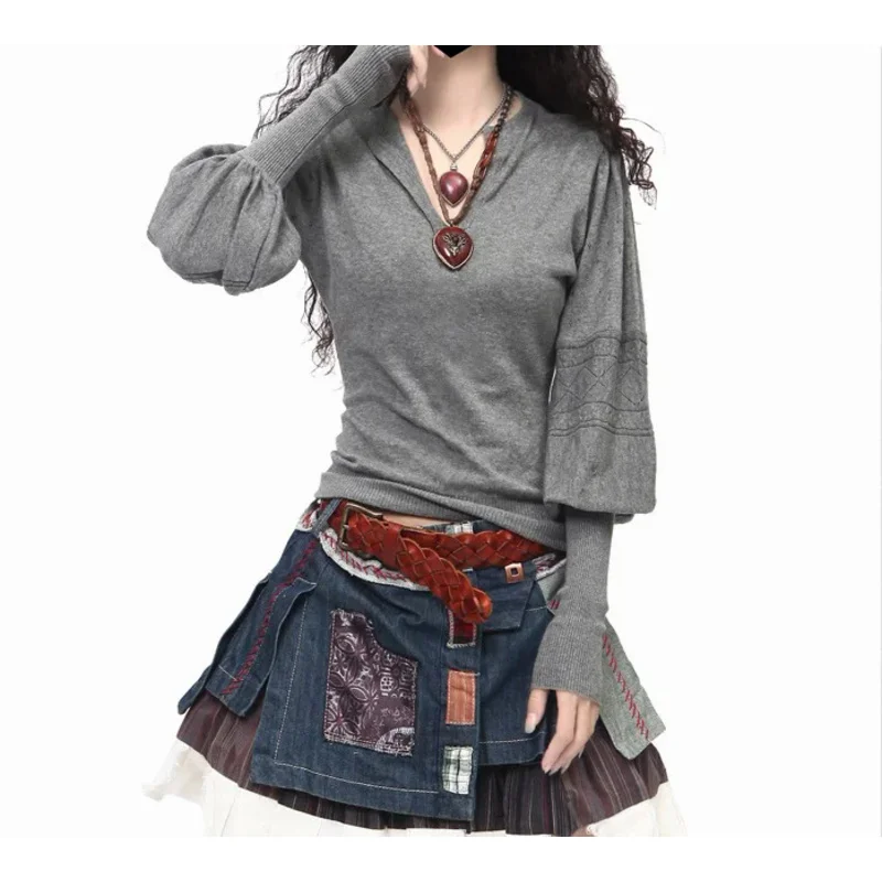

Spring Autumn Fashion New Arrival Cashmere Wool Sweater V-Neck Lantern Sleeve Sweater Pullovers Long Sleeve Women Sweaters