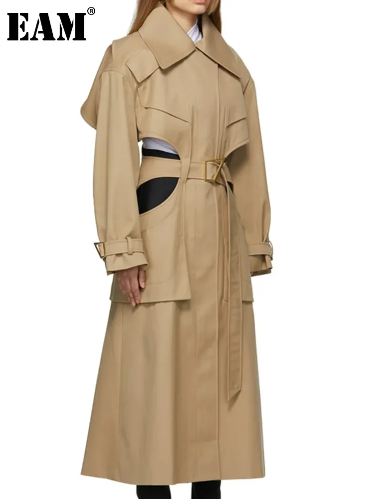 

[EAM] Women Camel Cut-out Big Size Long Trench New Lapel Long Sleeve Loose Fit Windbreaker Fashion Spring Autumn 2024 17A273004