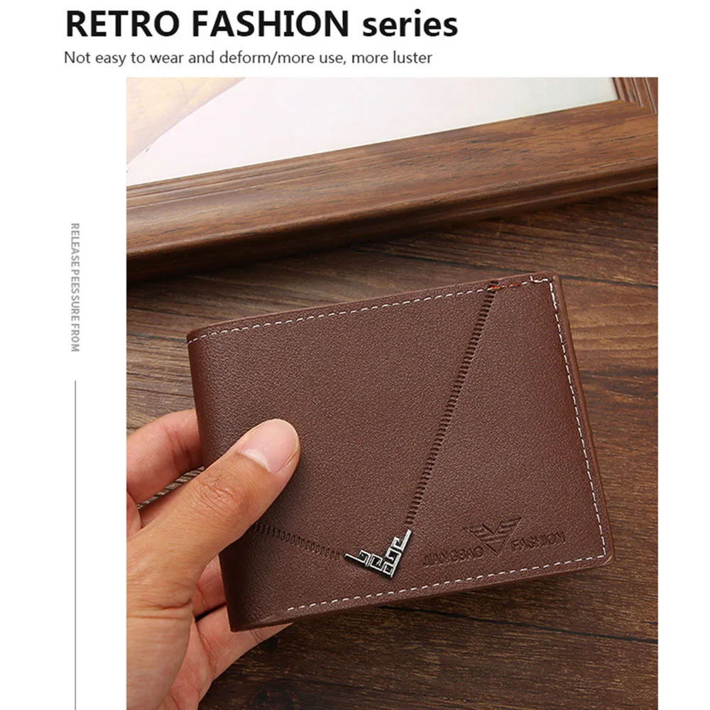 Lychee Texture PU Leather Men's Wallet Short Cash Purse Multi Card Slot Patchwork Card Holder Photo Holder Horizontal Money Clip 4