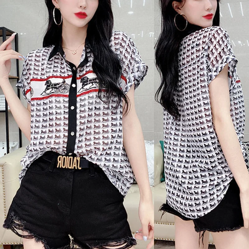 Summer Fashion New Diamons Vintage Printing Buttons Shirt Women Streetwear Trend Fashion Cardigan Top Women Short Sleeve Blouse