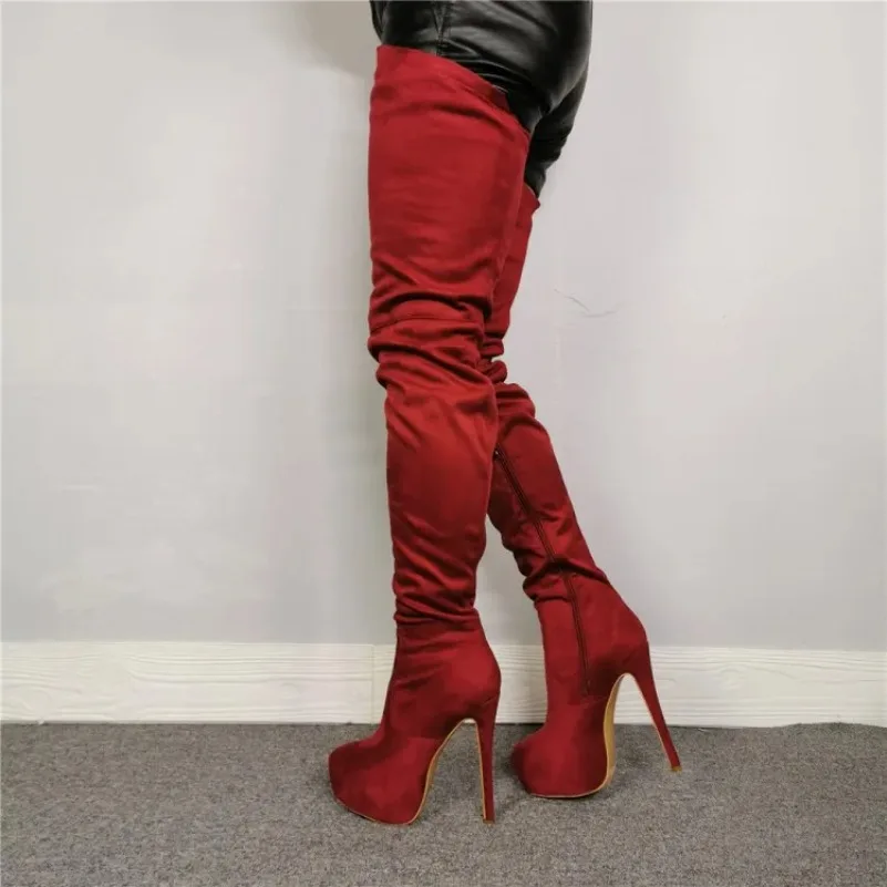 

2024 Handmade Women Platform Thigh High Boots Stiletto High Heels Boots Round Toe Wine Red Club Shoes Women Plus US 5--15