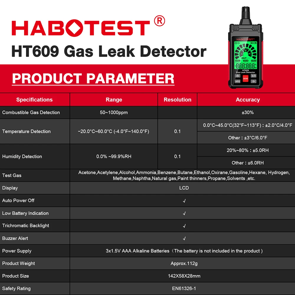 HABOTEST HT609 Gas Leak Detector Combustible Gas Detector Display Temperature Humidity