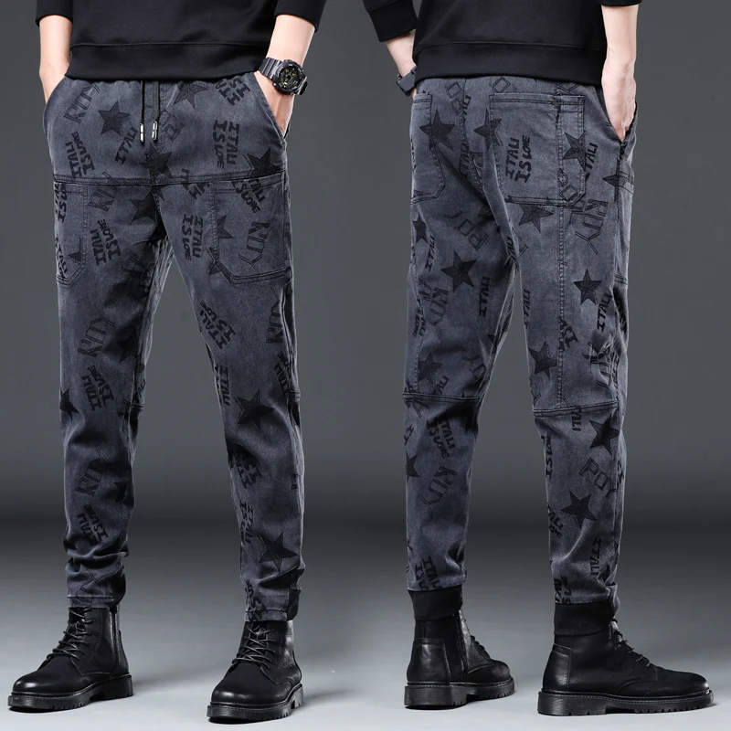 Große Größe 5XL 6XL Herbst männer Sechs Tasche Casual Hosen Schwarz Grau Stern Brief Muster Stretch Gerade Mode Hosen männlichen