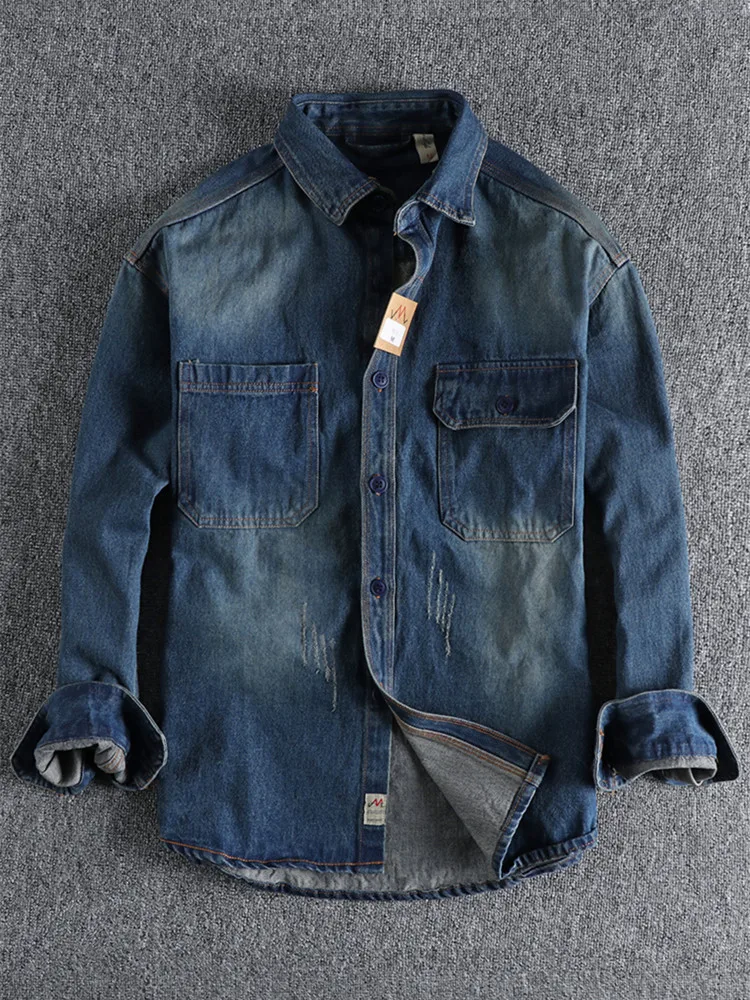 Autumn American Retro Heavyweight Denim Cargo Shirt Men's Fashion Pure Cotton Washed Old Long Sleeve Double Pocket Casual Tops