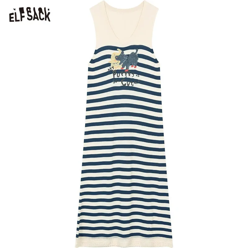 ELFSACK 여름 오리지널 고양이 프린트 여성용 캐주얼 민소매 드레스