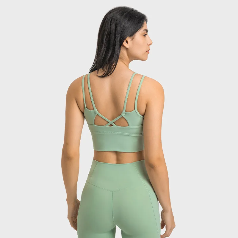 Solid Color Fitness Bra Women Double Shoulder Straps Cross Cutout Sports Gym Underwear Tight Crop Top Workout Training Chest Pad