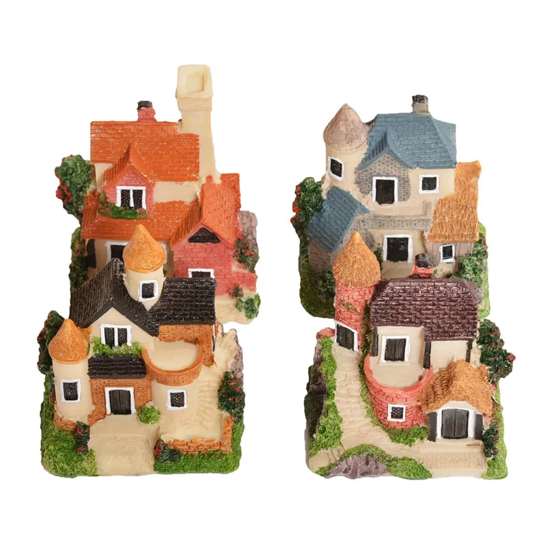 Resin House Artificial Miniature Craft Fairy Micro Landscape Home Garden Courtyard Lawn Decoration House Model 4 Colors Random