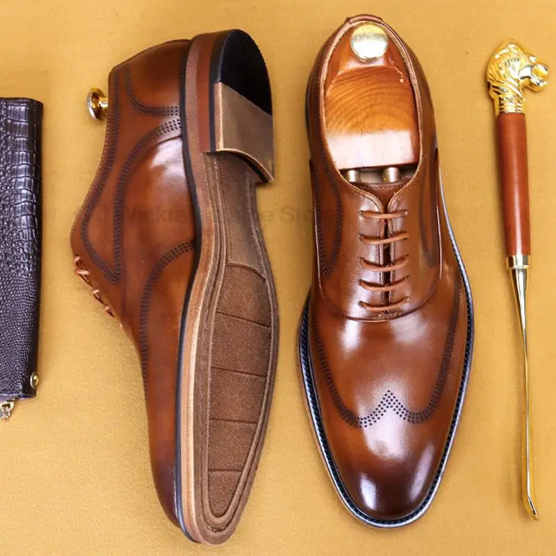 

Brand Wing-tip Brogue Style Oxford Mens Dress Shoes Business Genuine Leather Black Brown Lace Up Wedding Formal Shoes For Men