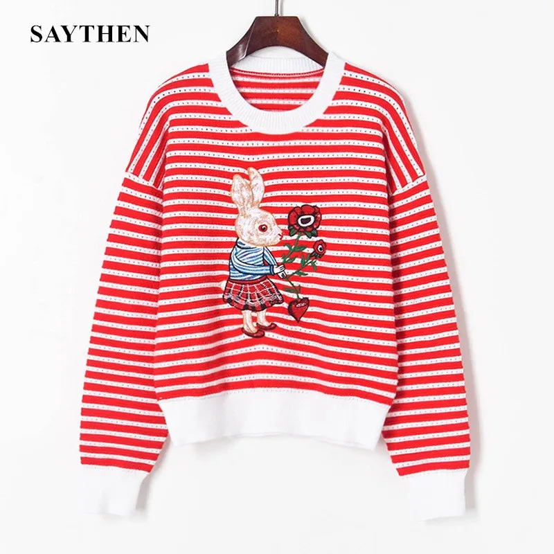 

Saythen Spring Loose Contrast Color Striped Cartoon Rabbit Embroidered Knitted Sweater + High Waist Wide Leg Pants Suit Women