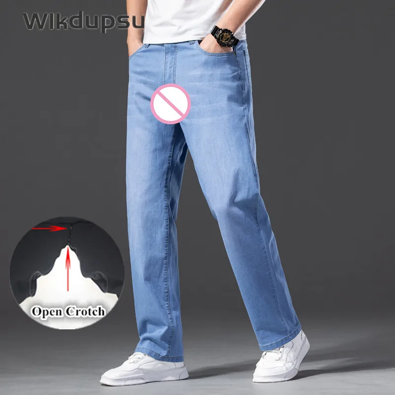 

Mens Invisible Double Zippers Open Crotch Jeans Classic Spring Summer Cotton Straight Stretch Denim Pants Trousers Plus Size