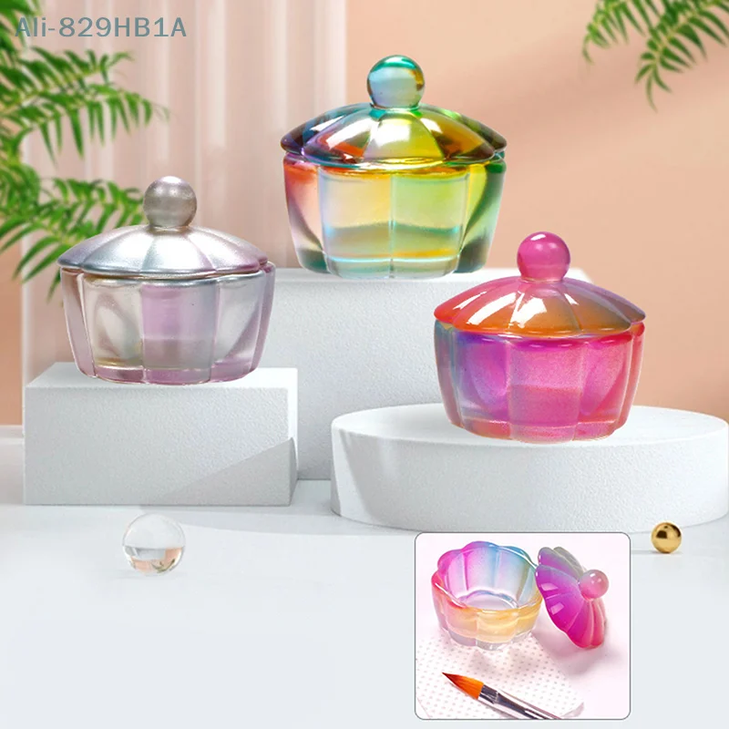 

1pc Square Cup Acrylic Liquid Dish Rainbow Crystal Clear Crown Glass Cup with Lid Bowl for Acrylic Powder Nail Art Tool Kit