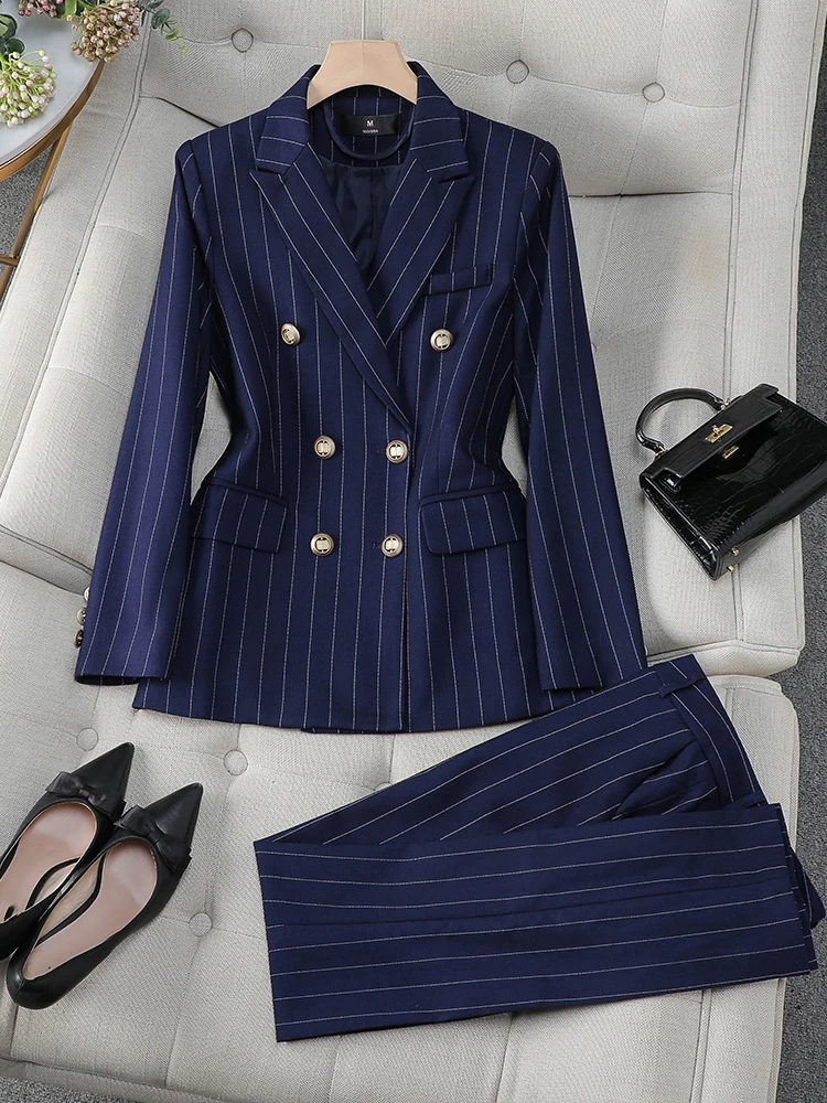 Fashion S-8XL Office Ladies Formal Pant Suit Set Women Blue Striped Female Business Work Wear 2 Piece Blazer Jacket And Trouser