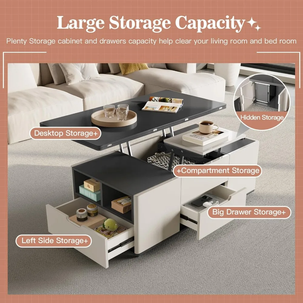 47.24" L Lift Top Coffee Table with 4 Stools, Rising Tabletop Work Table,Center Table with Hidden Storage for Living Room Space- 5