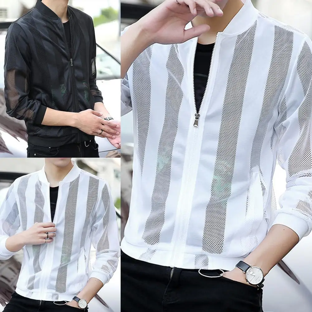 

Men Jacket Lightweight Super Thin Hollow Men Sunscreen Coat Zipper Closure Comfortable Sunscreen Coat for Daily Wear