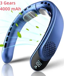 Enhanced Quad-Core USB Neck Fan with Turbine Vaneless Design - 4000mAh Portable Outdoor Fan with Easy Control & Digital Display (Upgrade Blue)