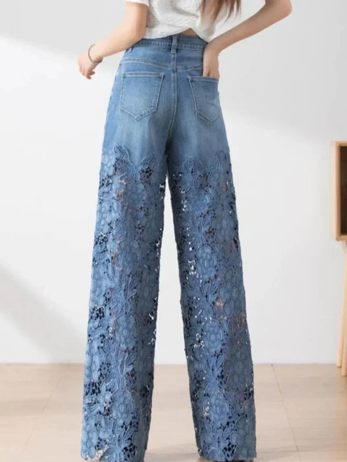 Women's Jeans 2024 New Spring Summer High-Waist Openwork Lace Stitching Denim Wide-Leg Pants Female Straight Trousers