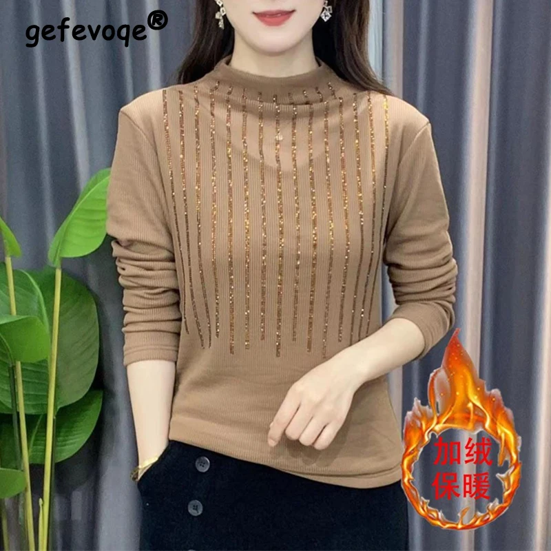 

Women's Clothing Autumn Winter Fashion Rhinestone Sexy Mesh Sheer Elegant Basic T-shirts Half High Collar Solid Long Sleeve Tops