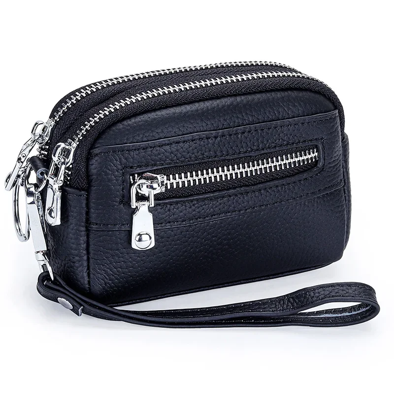 Women's Wristlet Clutch Purse Cow Leather Cell Phone Wallet Handbag with Wrist Strap Large Capacity Double Zipper Coin Purse Bag