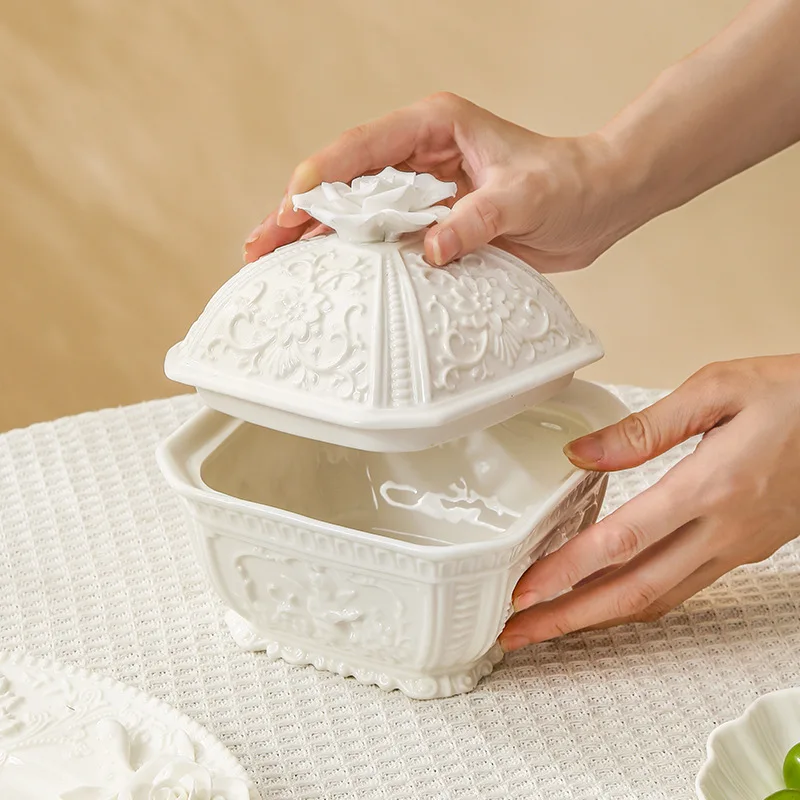 Flower Relief Ceramic Plate Breakfast Fruit Salad Dinner Plates Hotel Restaurant Western Plate Kitchen Dessert Plate Cutlery