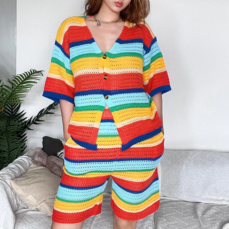 Rainbow Colorful Patchwork Knitted Loose Two Piece Set Women V Neck Half Sleeve Buttons Tops High Waist Shorts Suit Streetwear bpn streetwear patchwork buttons jeans