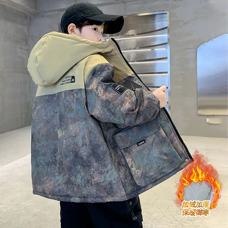 Children Winter Outerwear Boys Thickened Cotton Fleece Coat Kids Hooded Warm Overcoat New Fashion Casual Clothing 5-14 Yrs children jackets