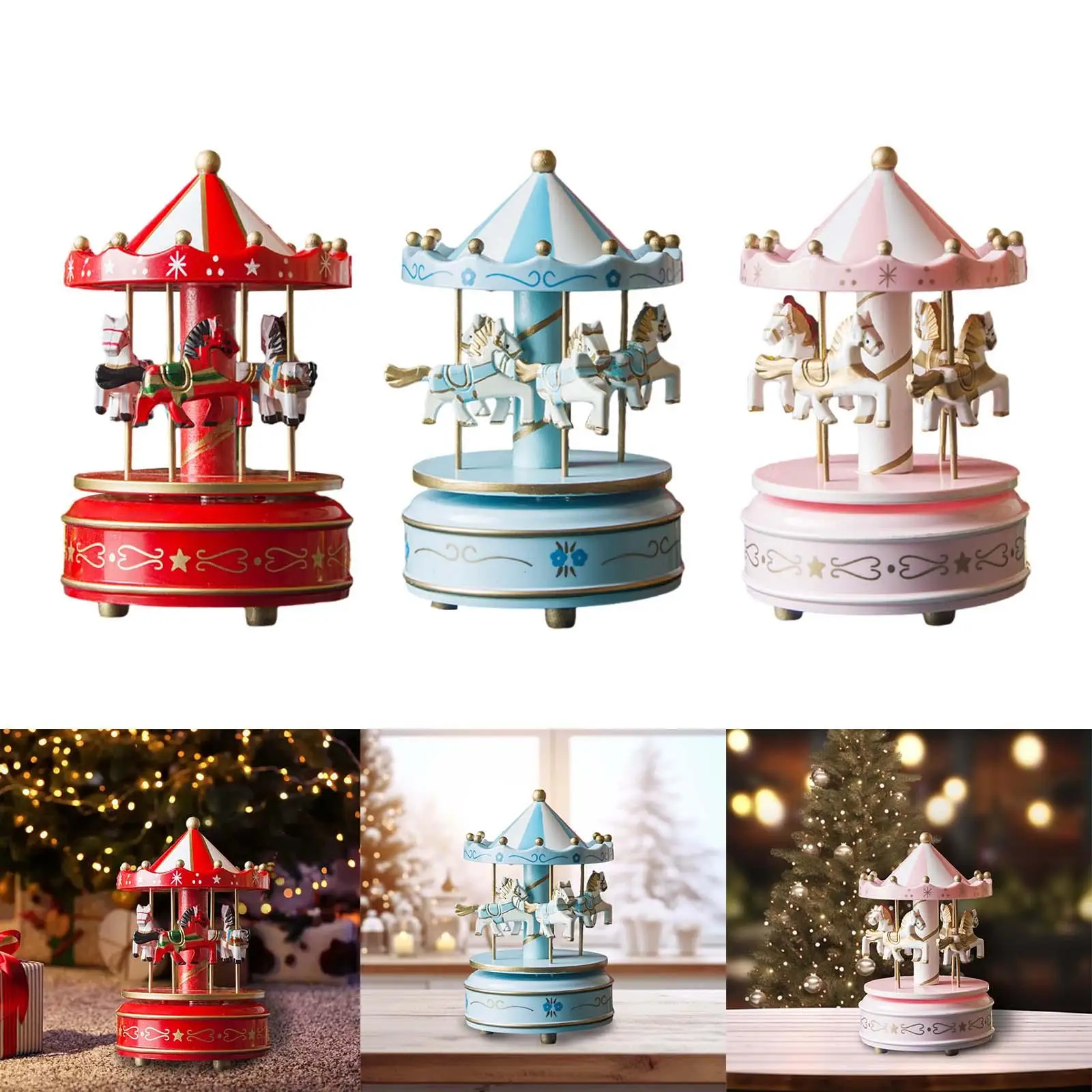 

Wood Musical Box Christmas Crafts Decoration Rotating Decorative Xmas Showpiece Turn Horse Shaped for Home Decor Multipurpose