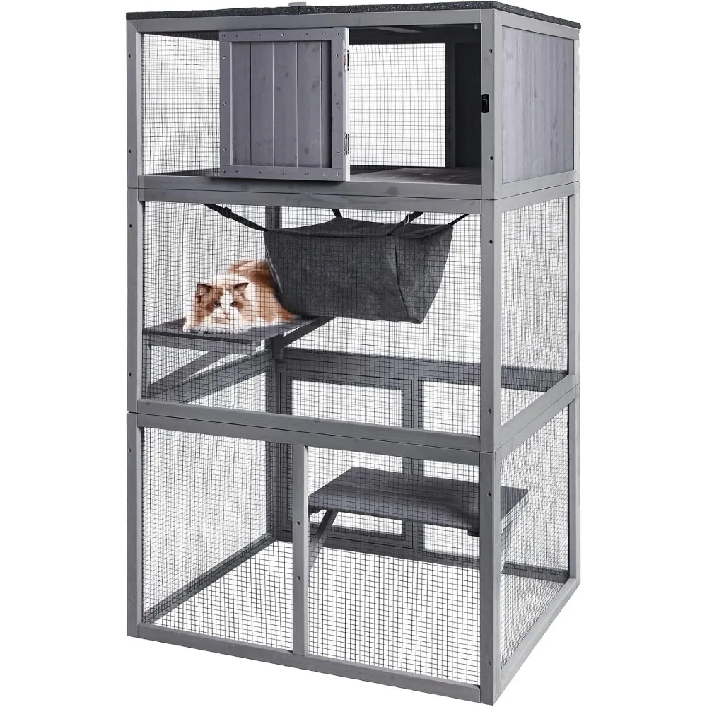Wooden Cat House, Outdoor 3 Floors Cat Enclosure, Indoor Large Kitten playpen with Hammock，Resting Box, Cage Waterproof Roof